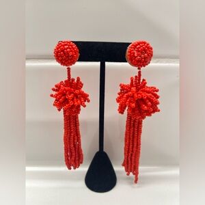 Red Beaded Tassel Statement Earrings Handmade Resort Style